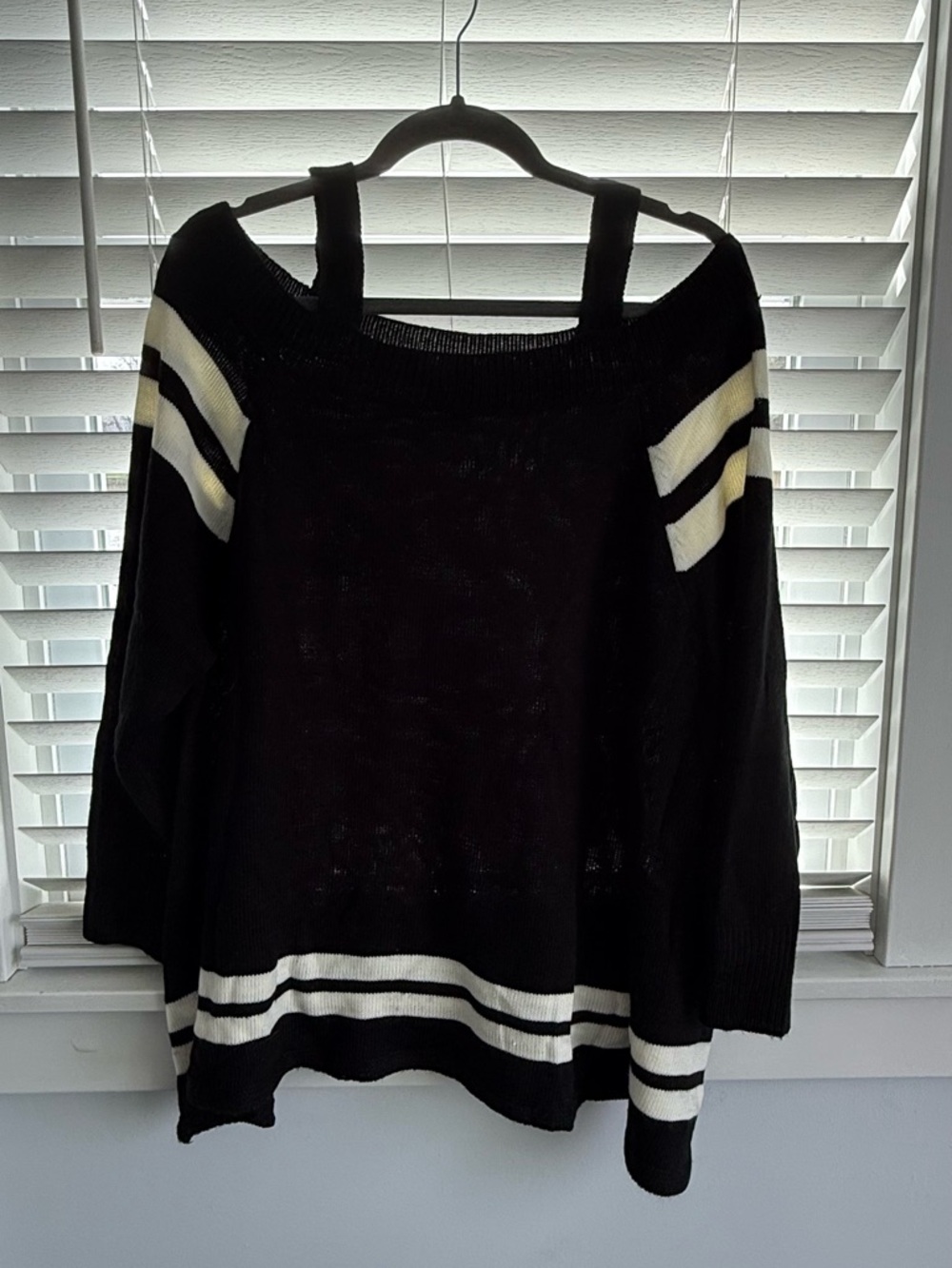 Very J Black Off-the-Shoulder Sweater with White Stripes